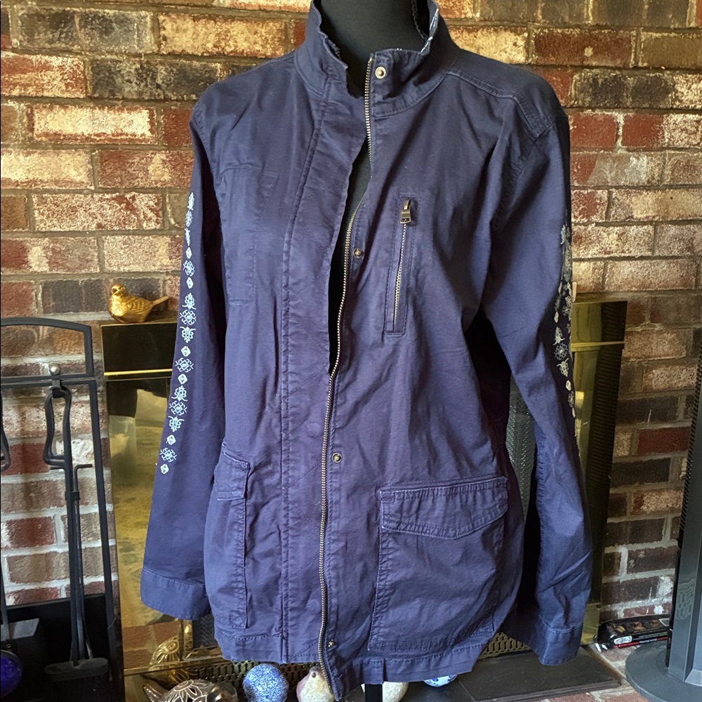 Sonoma Women's Dark Blue Utility Jacket with Embroidered Sleeves # B